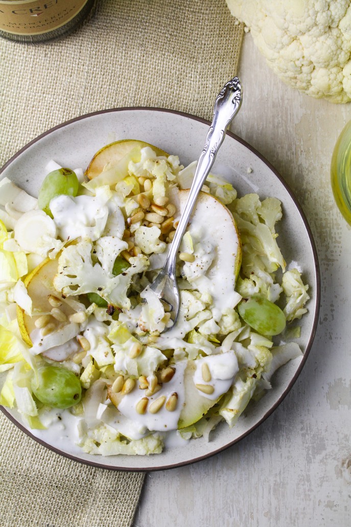 Winter White Salad - Roast Cauliflower, Endive, Pear, and Blue Cheese Buttermilk Dressing