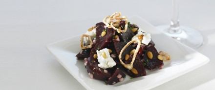 Roasted Beets with Goat Cheese, Pinenuts and Fried Shallots hero image