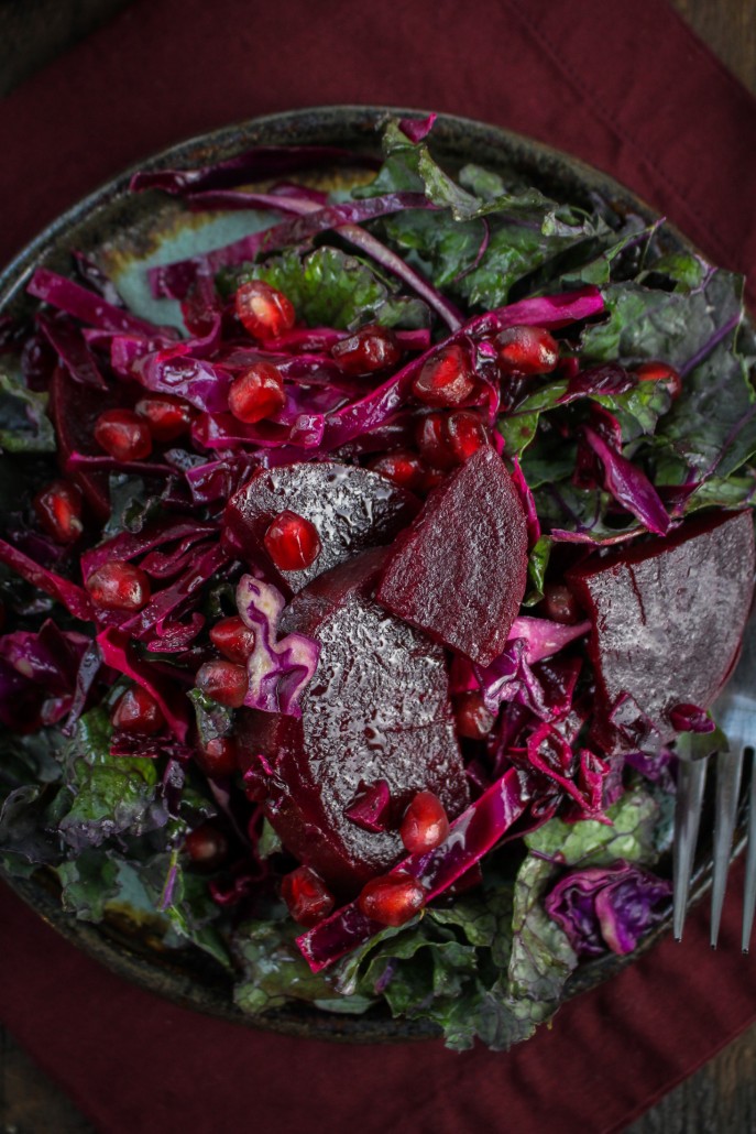 All-Red Winter Detox Salad - Cabbage, Kale, Beets, and Pomegranate