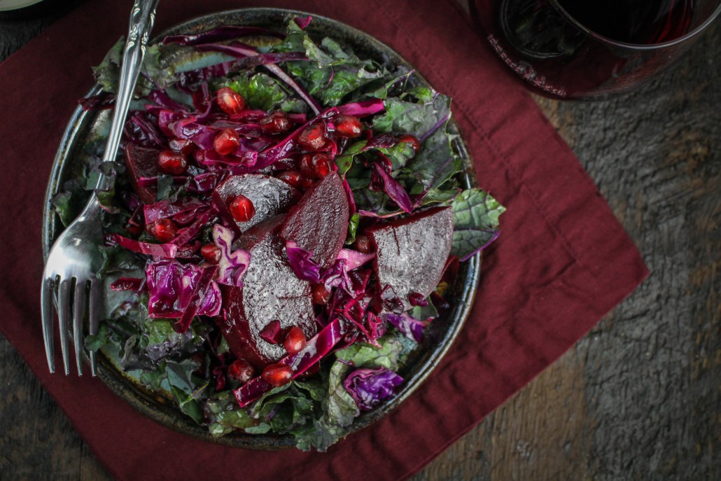 All-Red Winter Detox Salad - Cabbage, Kale, Beets, and Pomegranate