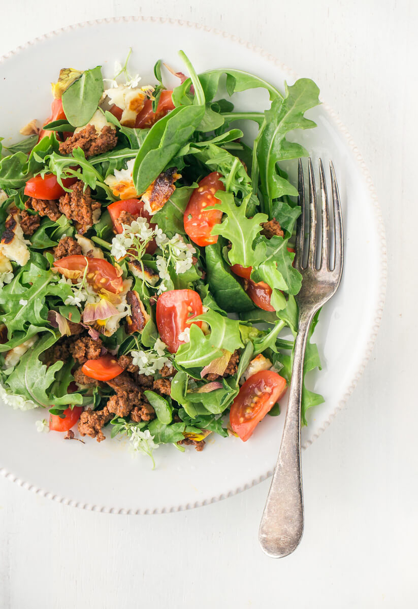 Chorizo & Crumbled Halloumi Salad with Sumac Oregano Dressing