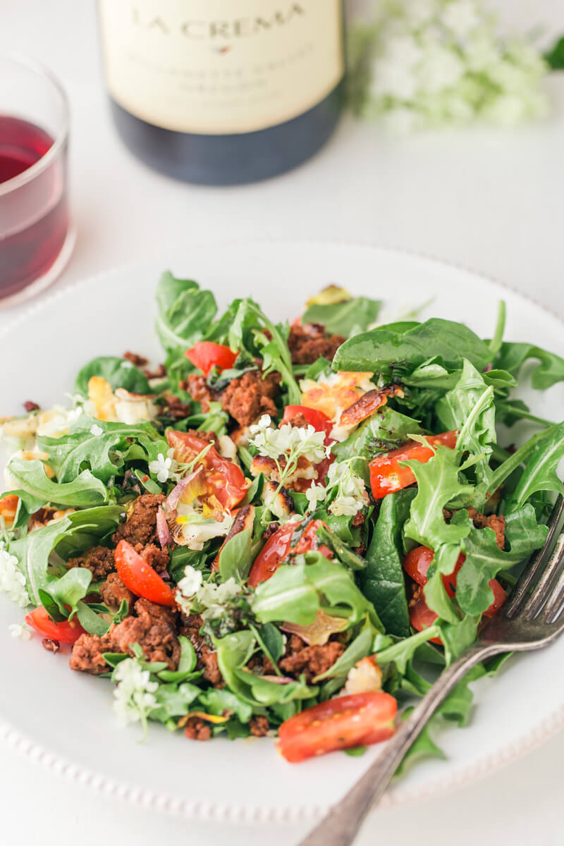 Chorizo & Crumbled Halloumi Salad with Sumac Oregano Dressing