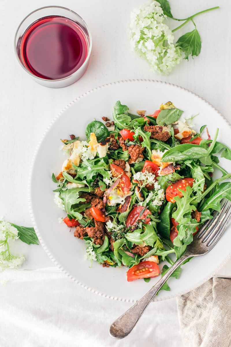 Chorizo & Crumbled Halloumi Salad with Sumac Oregano Dressing