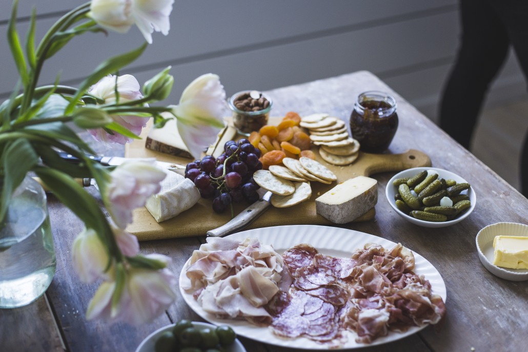 Charcuterie, cheese and accoutrements as appetizers for a late lunch