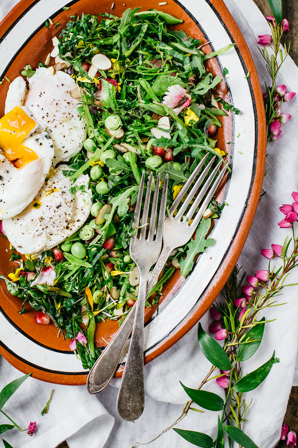 The Fresh Prince of Brunch: Spring Greens, Edible Flowers, and Poached Eggs.