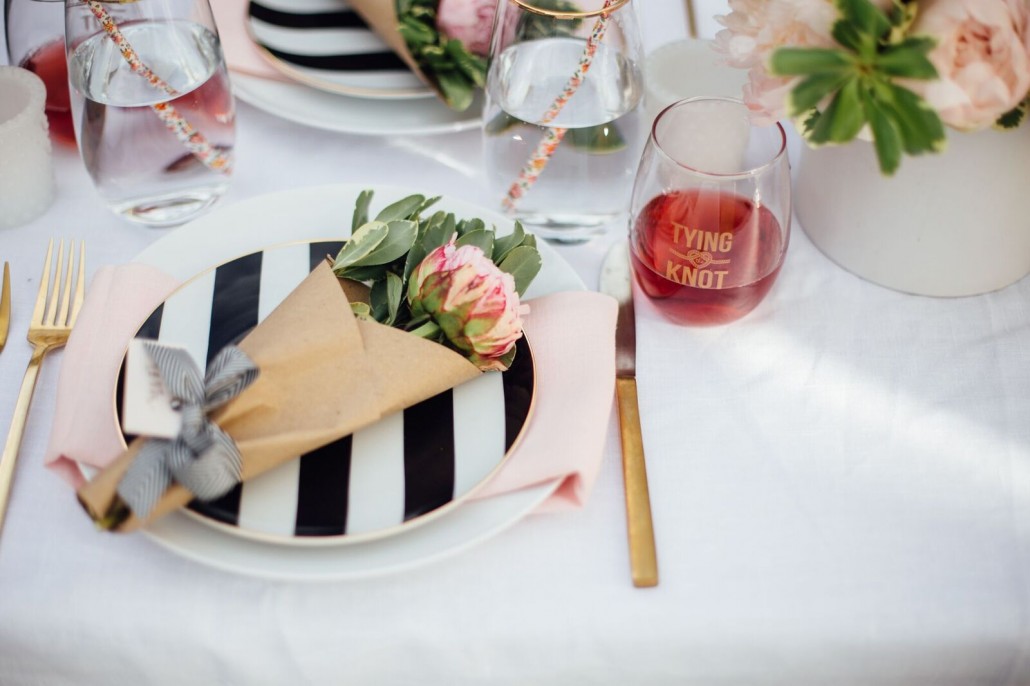 Wrapped peony place settings / name cards for a bridal shower