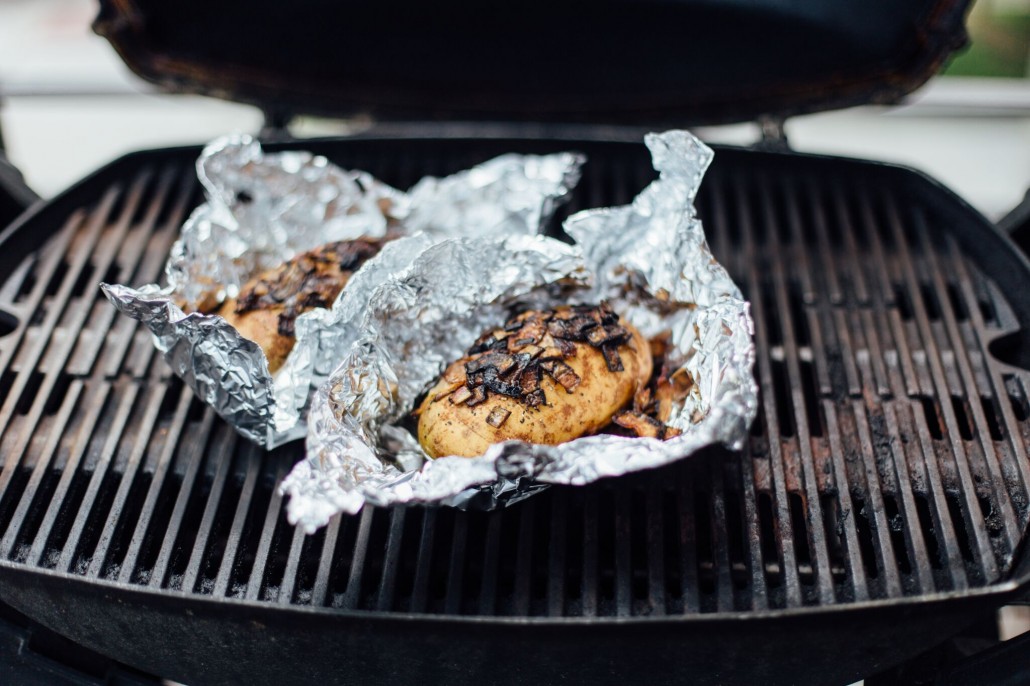 Glamping: Carmelized onion baked potato on the grill