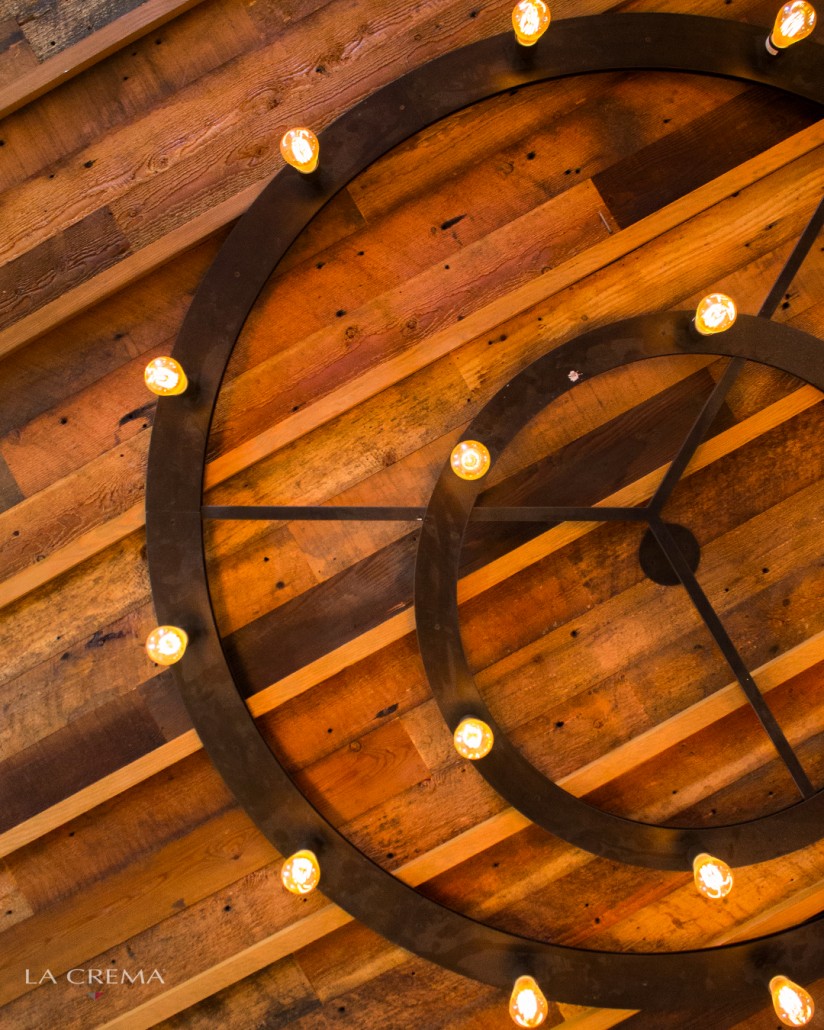 Stunning chandelier on the reclaimed wood ceiling at the La Crema Estate at Saralee's Vineyard