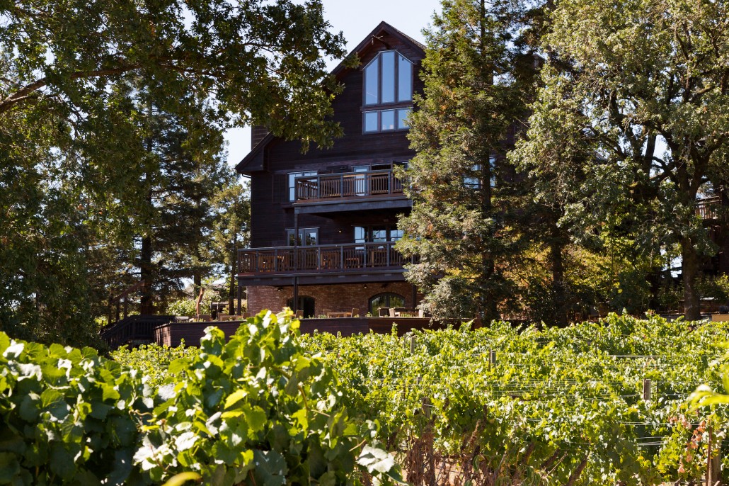 Rear exterior view of the La Crema Estate at Saralee's Vineyard overlooking a portion of the vinyards