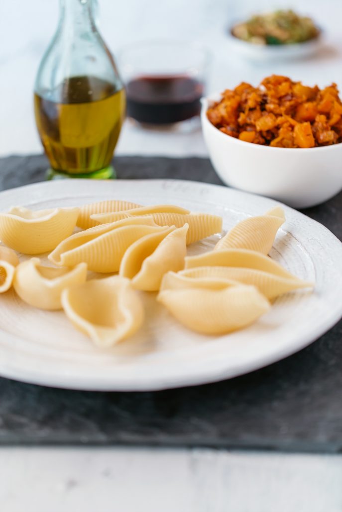 Roasted Squash Conchiglie with Chipotle, Brussels Sprouts and Walnuts