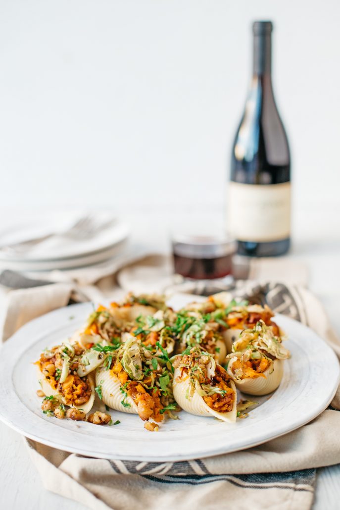 Roasted Squash Conchiglie with Chipotle, Brussels Sprouts and Walnuts