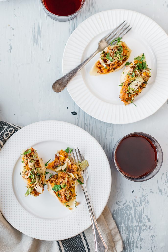 Roasted Squash Conchiglie with Chipotle, Brussels Sprouts and Walnuts