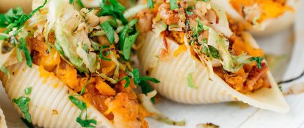 Roasted Squash Conchiglie with Chipotle, Brussels Sprouts and Walnuts hero image