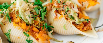 Roasted Squash Conchiglie with Chipotle, Brussels Sprouts and Walnuts