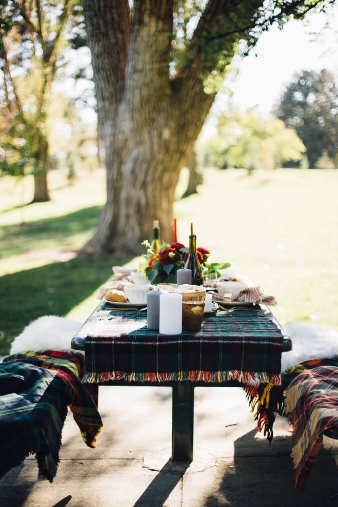 Beautiful plaid tablescape for a fall al fresco dinner party