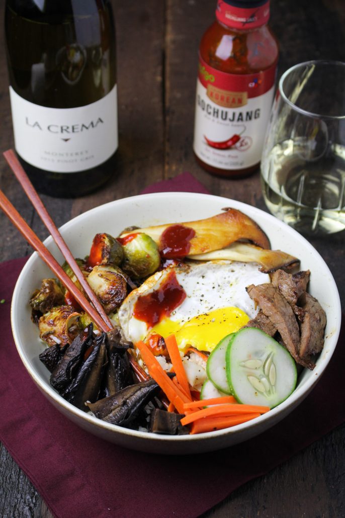 Autumn Bibimbap with Gochujang-Roasted Brussels Sprouts and Tamari-Portobellos