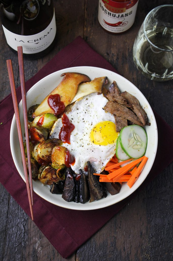 Autumn Bibimbap with Gochujang-Roasted Brussels Sprouts and Tamari-Portobellos