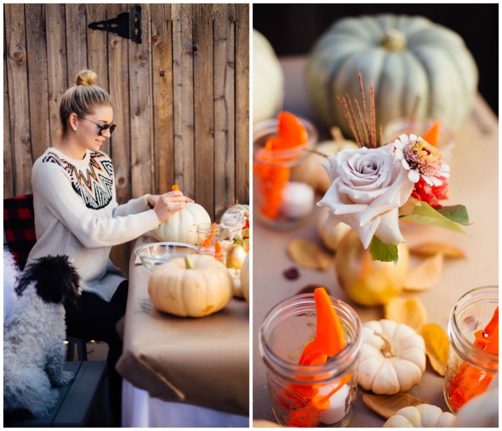 Make it chic! Add some flowers and small pumpkins for a more glamorous table setting | Pumpkin Carving Party