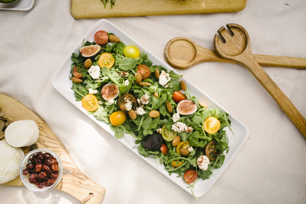 Fresh salad of greens, tomatoes, figs and goat cheese for a Wine Country Picnic at La Crema