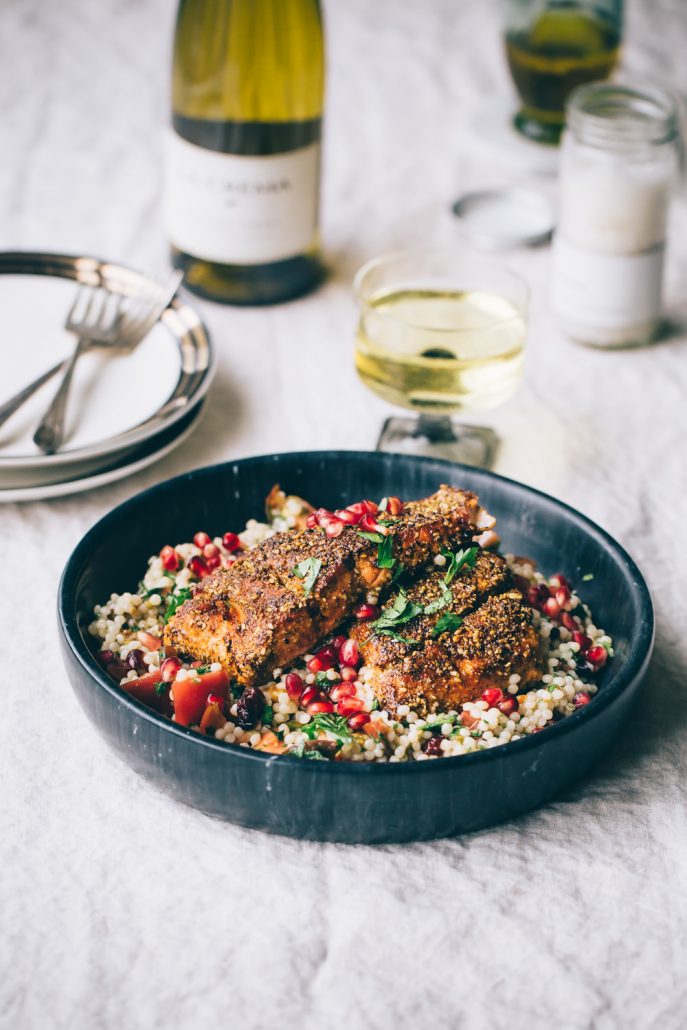 Salmon with Mole Inspired Rub & Israeli Couscous with Fresh Herbs