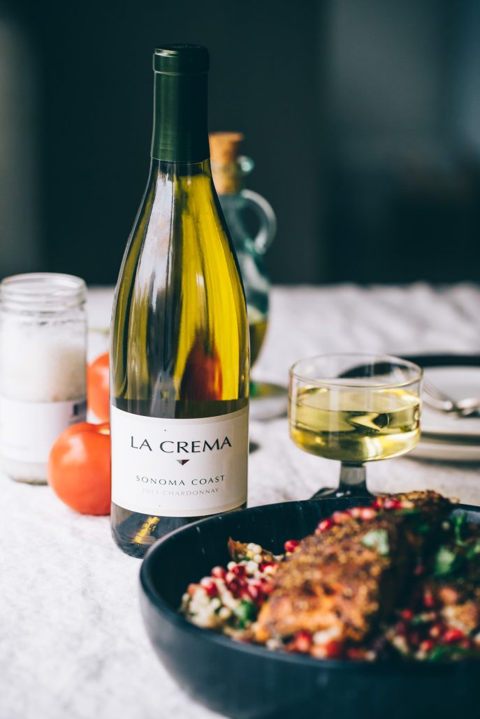 La Crema Sonoma Coast Chardonnay is a beautiful pairing for our Salmon with Mole Inspired Rub & Fresh Herb Israeli Couscous