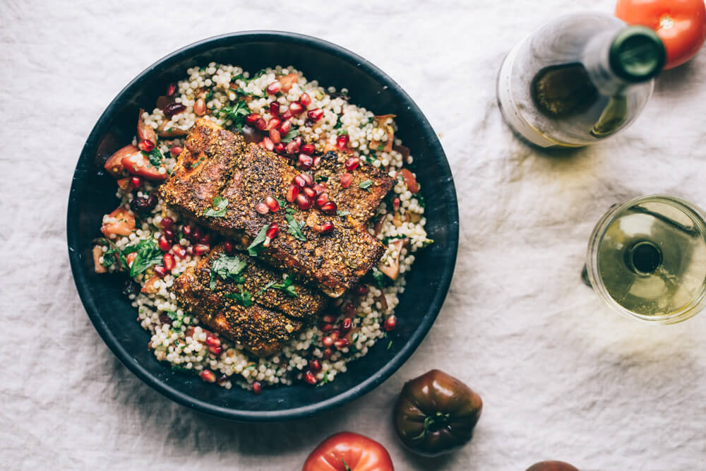 Salmon with Mole Inspired Rub & Israeli Couscous with Fresh Herbs