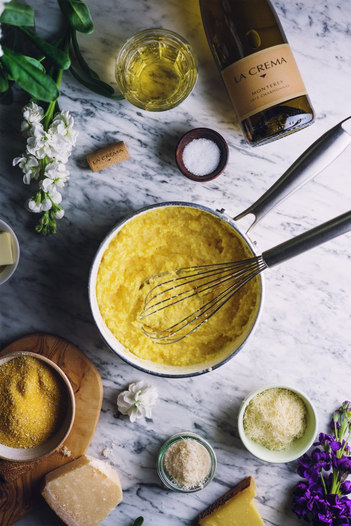 Pan Fried Polenta with Braised Leeks paired with La Crema Monterey Chardonnay