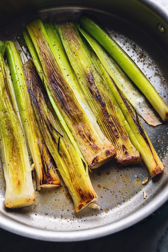 Pan Fried Polenta with Braised Leeks