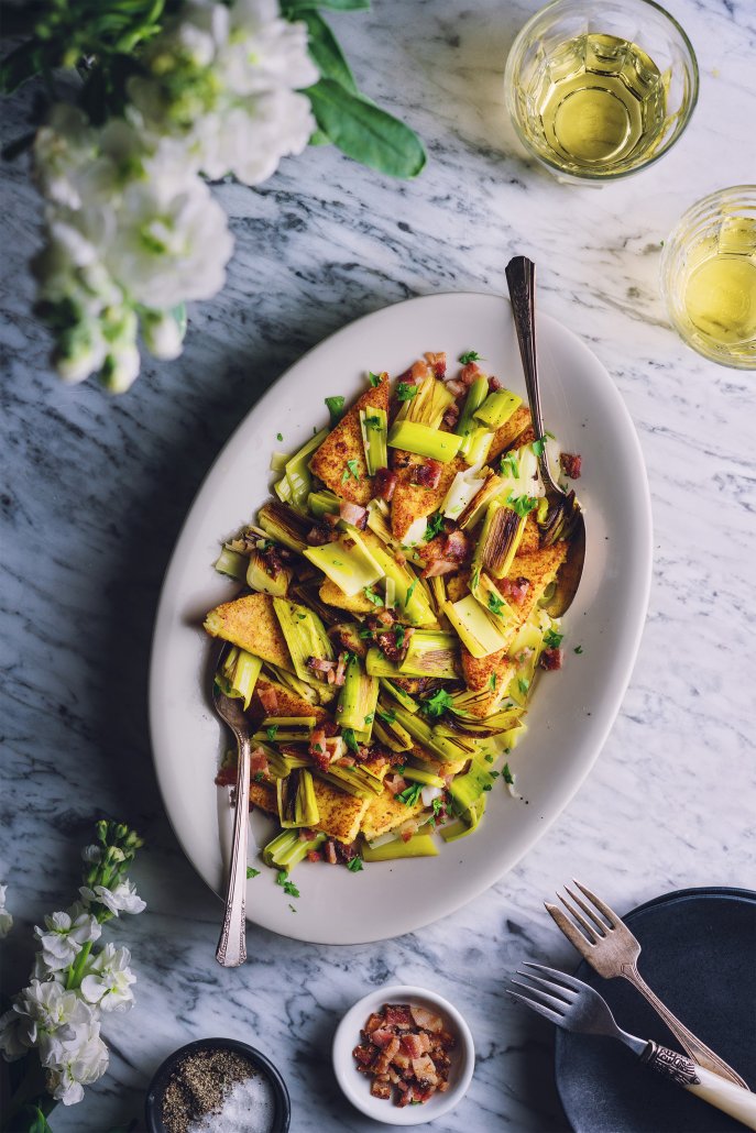 Pan Fried Polenta with Braised Leeks