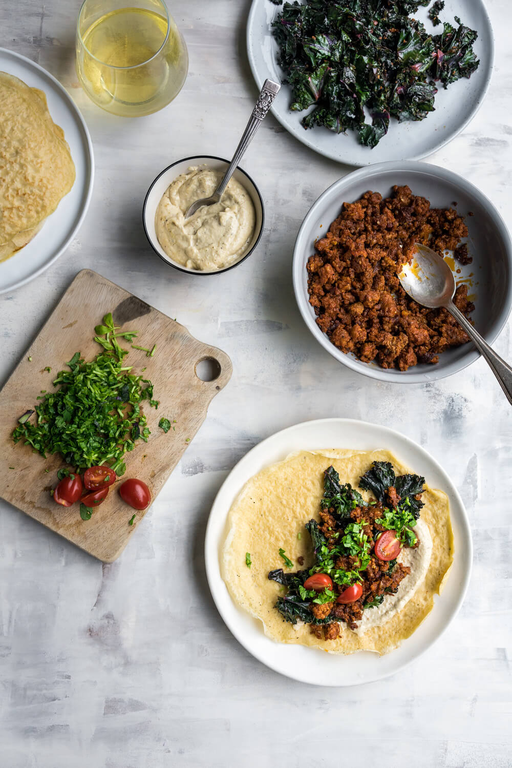 Chorizo Shawarma Crepes with Lemon Tahini