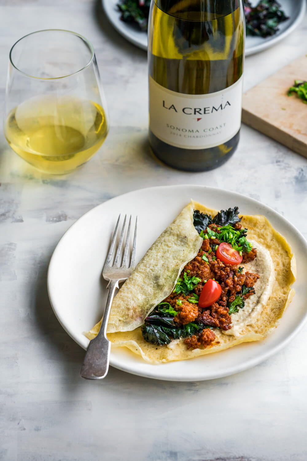 Chorizo Shawarma Crepes with Lemon Tahini paired with La Crema Sonoma Coast Chardonnay