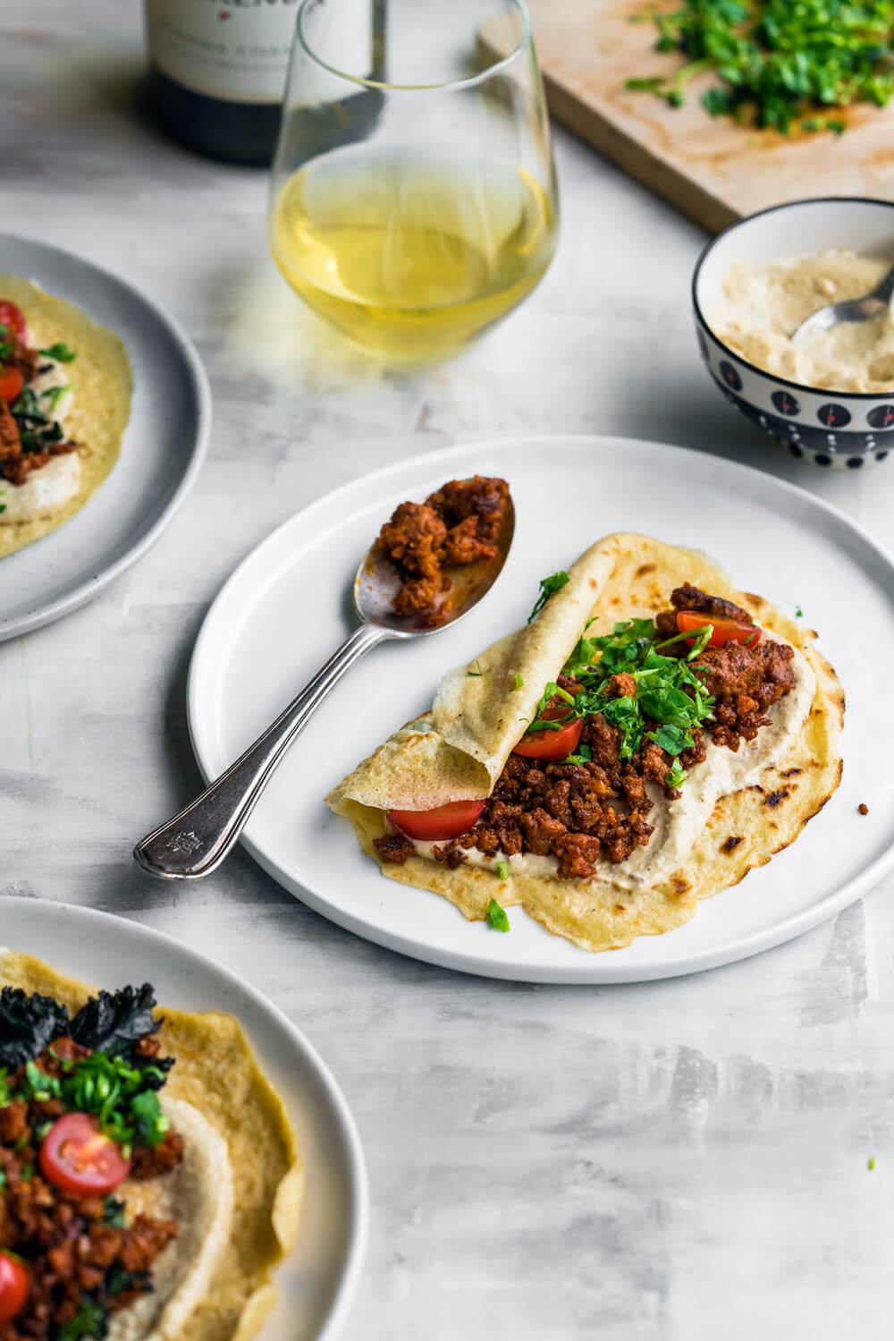 Chorizo Shawarma Crepes with Lemon Tahini