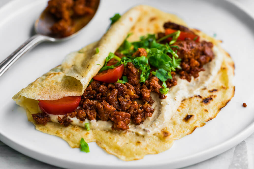 Chorizo Shawarma Crepes with Lemon Tahini