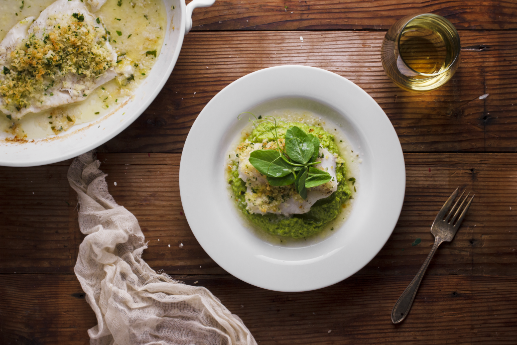 Herbed-Crusted Cod with Pea Purée