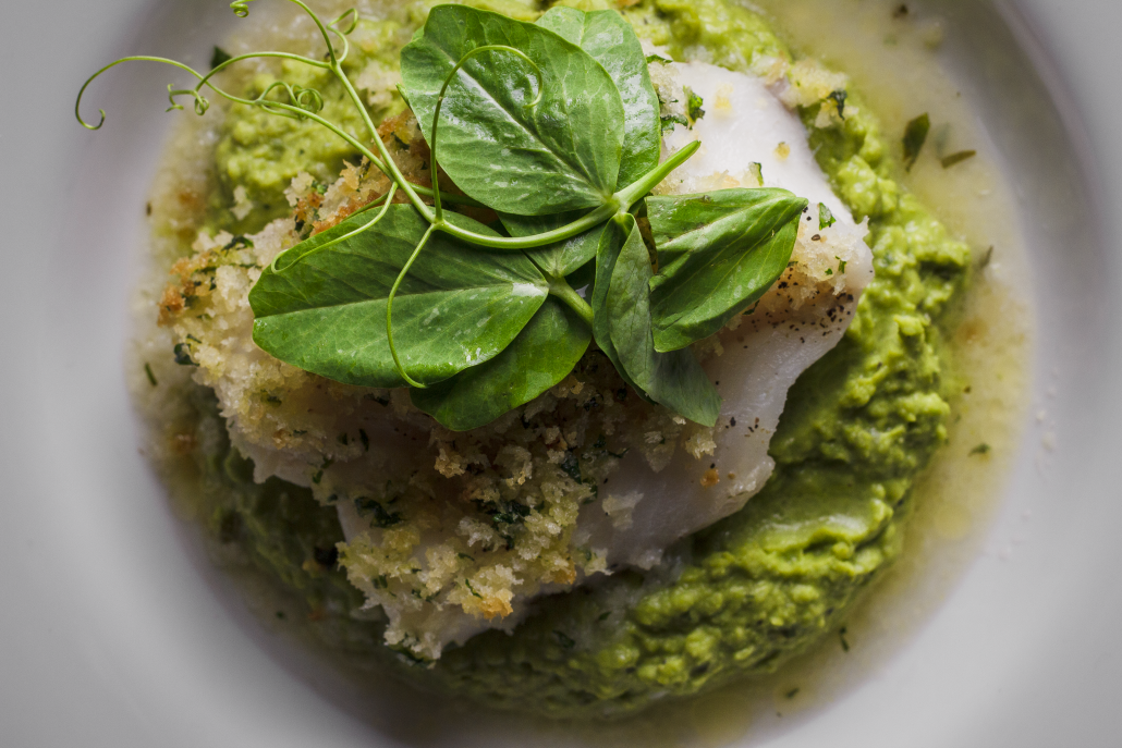 Herbed-Crusted Cod with Pea Purée