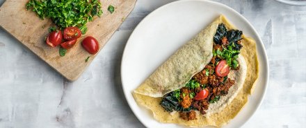 Chorizo Shawarma Crepes with Lemon Tahini