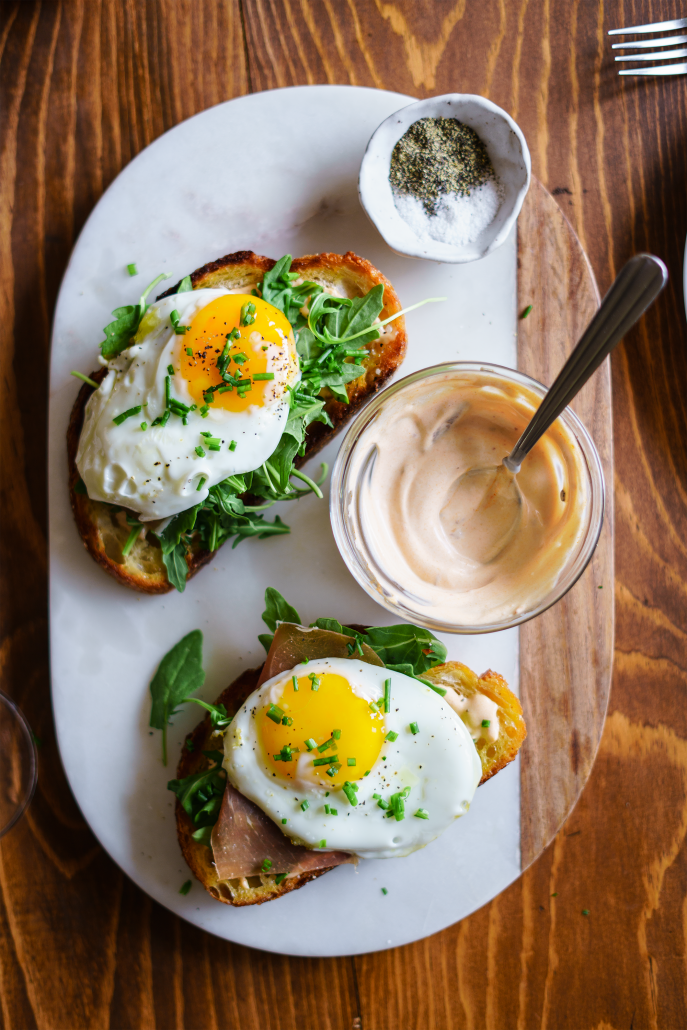 Spring Brunch: La Crema Monterey Rosé paired with a Sourdough Tartine with Spicy Mayo, Fried Egg, Arugula and Prosciutto