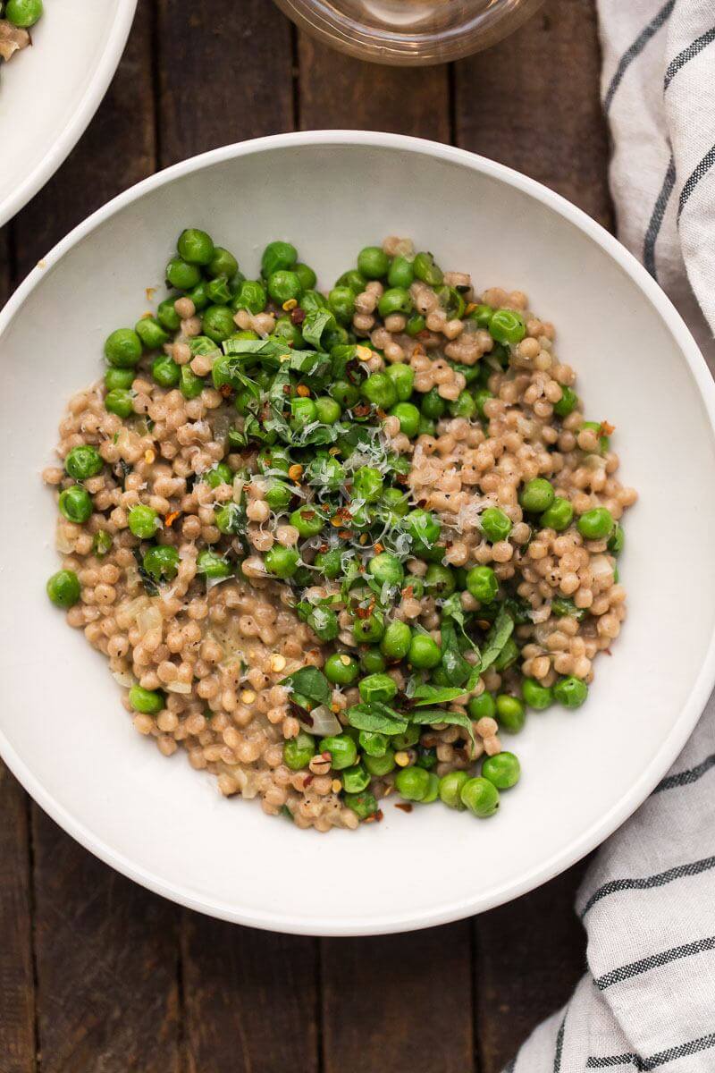 Pea Whole Wheat Couscous Risotto with Mascarpone and Basil