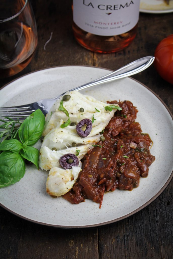 Baked Halibut Provençal with La Crema's Monterey Rosé