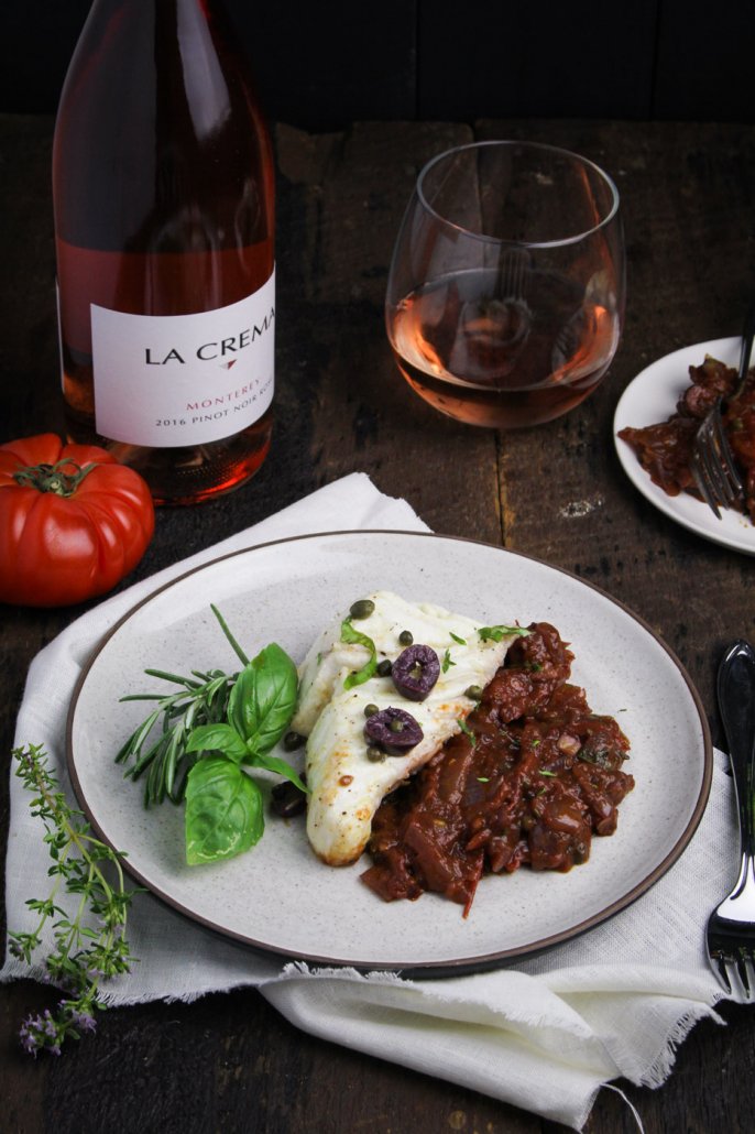 Baked Halibut Provençal with La Crema's Monterey Rosé