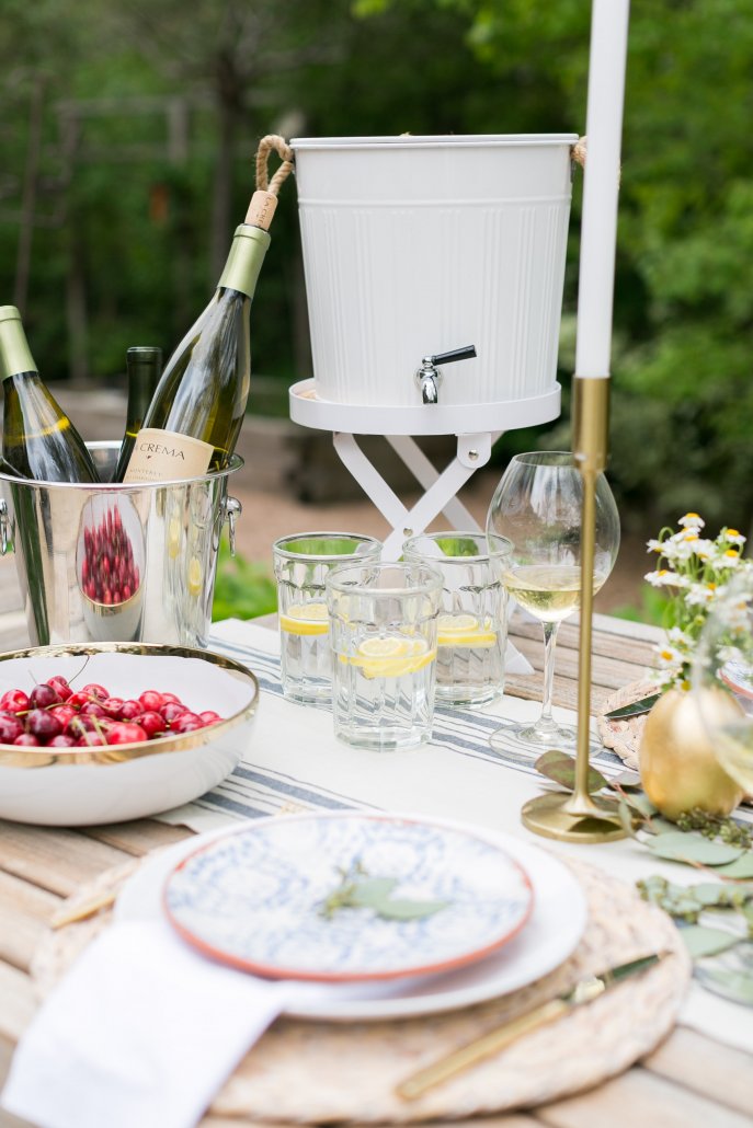 3. When it comes to patio dining it's best to prepare for the outdoor elements. Keep the Monterey Chardonnay cool by putting it in a bucket filled with ice on the table. That way you don't have to go back and fourth inside to get cooled wine. And don't forget to always set out a wine opener on the table! 4. Make sure there is plenty of water! If it's a warm evening there is nothing worse than parched guests. Keep a drink dispenser of water and some lemons out on the table so guests can help themselves to fresh water throughout the evening. 5. Lastly, summer flavors are a must! One of my favorite parts about summer is all the delicious fresh vegetables and fruits that come out. Set out cherries in a bowl on the table for guests to munch on. Pair a goat brie cheese with a ginger peach jam to go with the Monterey Pinot Noir!