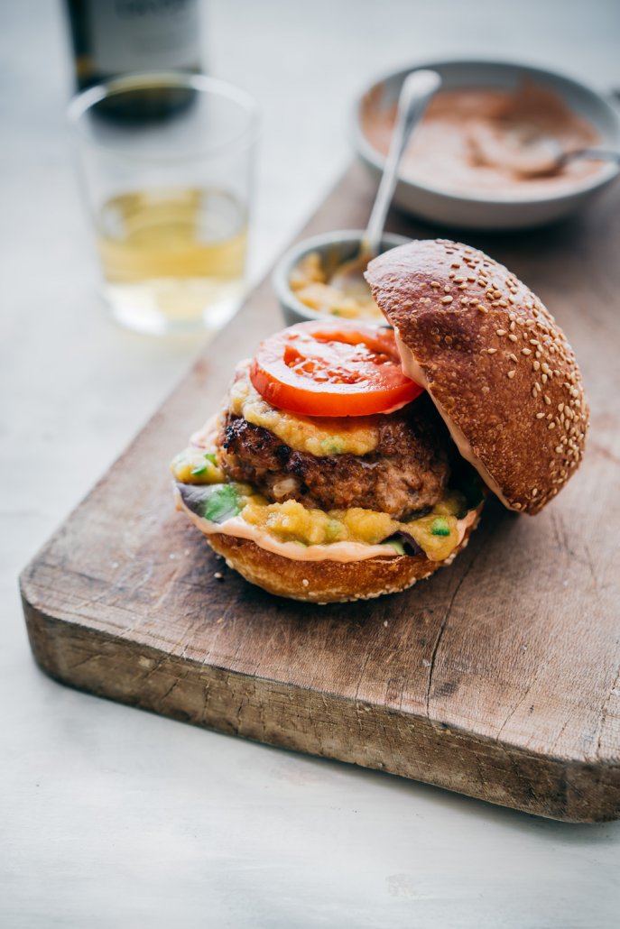 Al Pastor Burger with Spicy Pineapple Sauce paired with Monterey Chardonnay