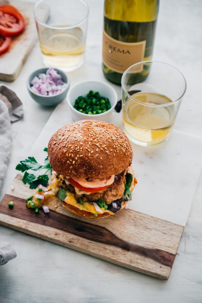 Al Pastor Burger with Spicy Pineapple Sauce paired with Monterey Chardonnay