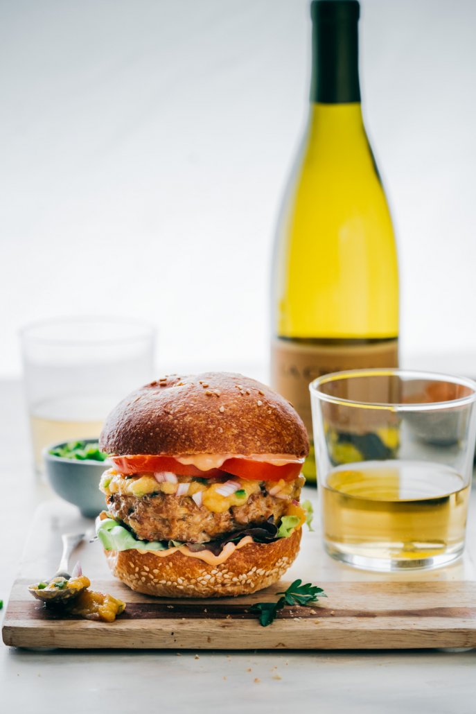 Al Pastor Burger with Spicy Pineapple Sauce paired with Monterey Chardonnay