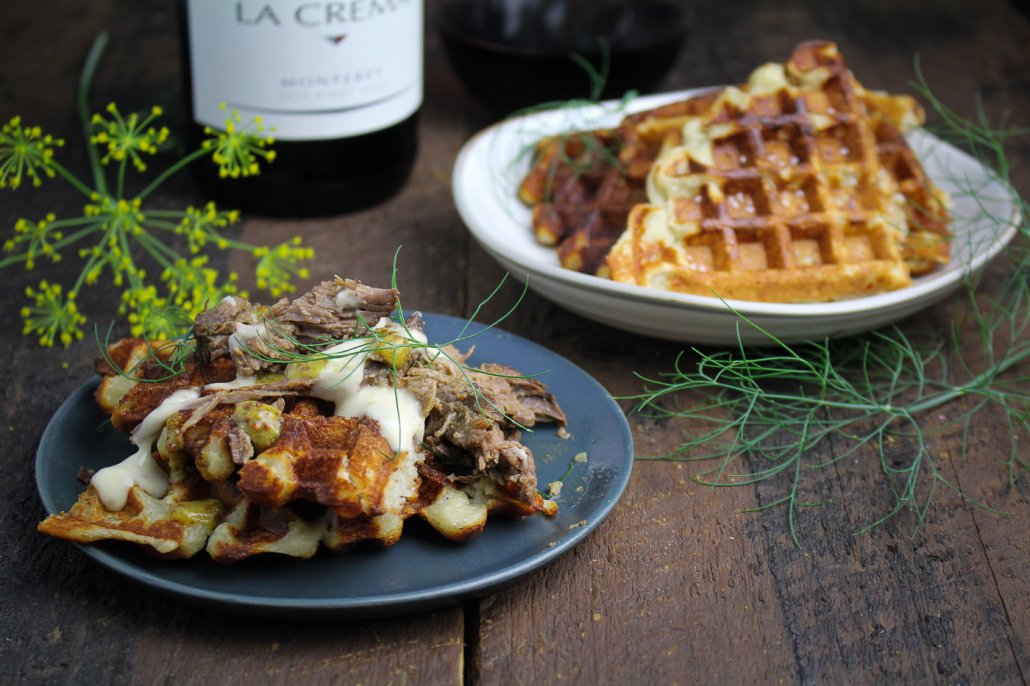 Mustard and Thyme Pulled Leg of Lamb with Mashed Potato Waffles