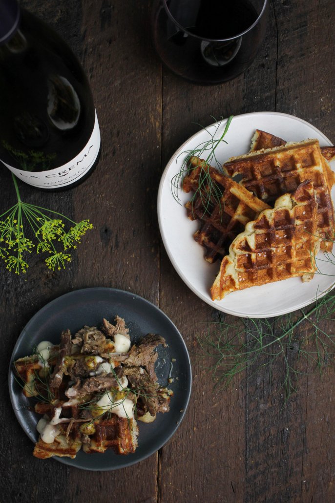 Mashed Potato Waffles with Horseradish Sauce