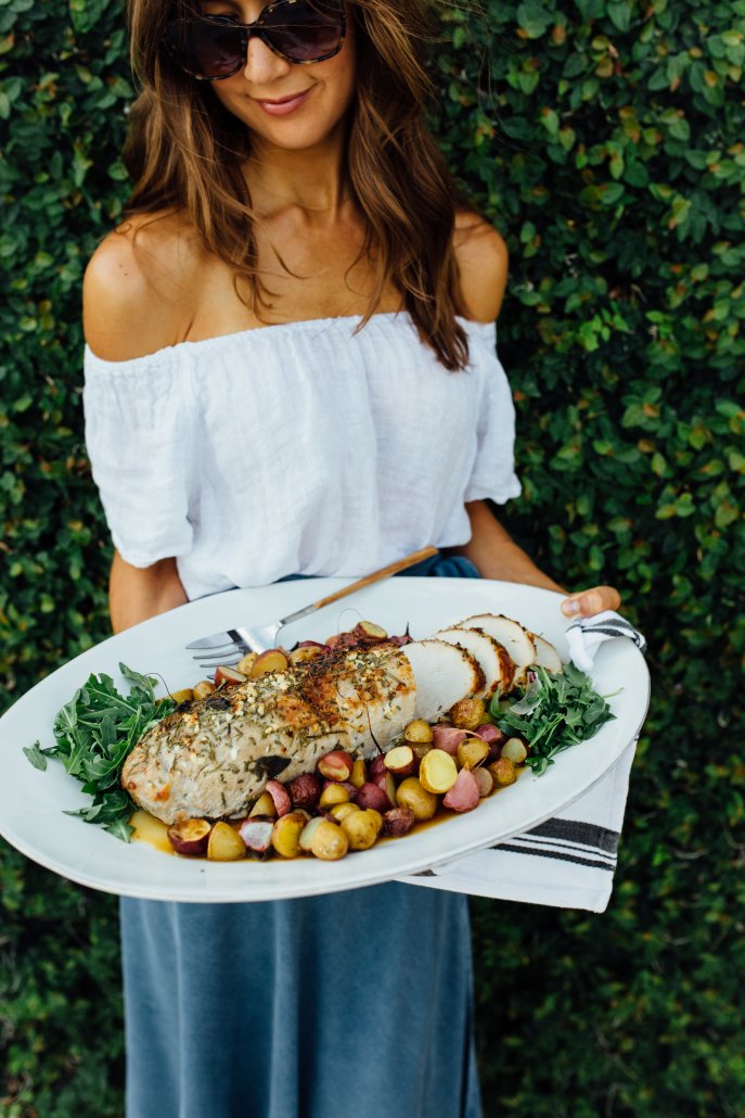 Herb-roasted pork loin with new potatoes was our main dish for our Tuscan dinner party, featuring La Crema Monterey Chardonnay, hosted by Camille Styles