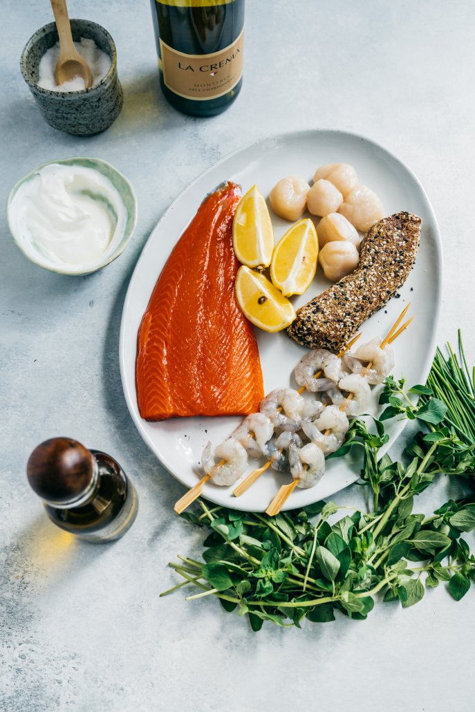 Seafood Skewers with Herbed Oil and Citrus Dipping Cream