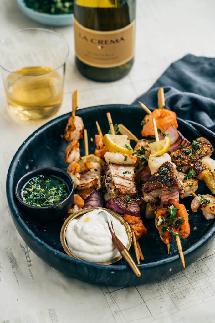 Seafood Skewers with Herbed Oil and Citrus Dipping Cream