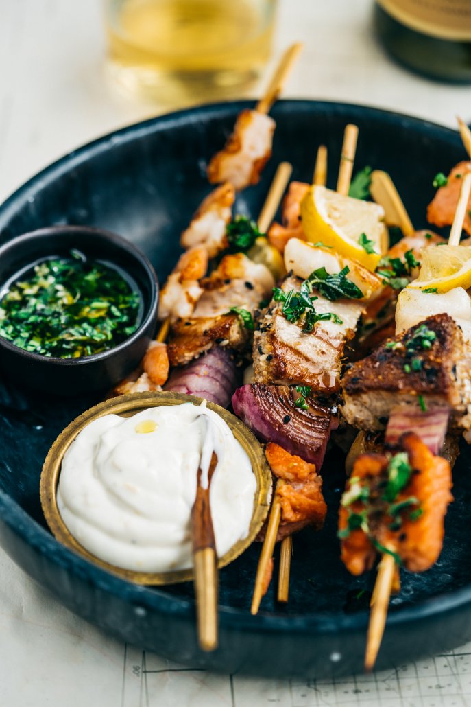 Seafood Skewers with Herbed Oil and Citrus Dipping Cream